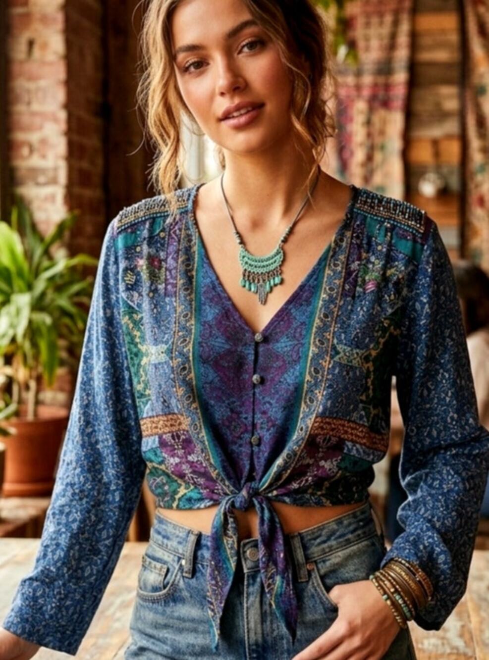 Carol Little Petites Boho Bollywood Beaded Fringe Front Tie Medallion Blouse